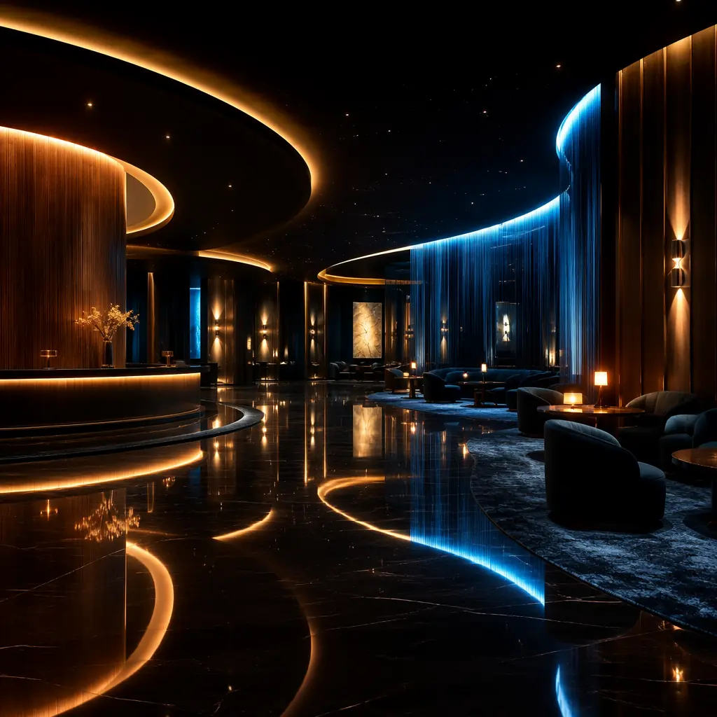 Warm amber and cool blue light trails reflecting across a polished dark surface, evoking the ambiance of a premium cinema lobby where technology enhances the guest experience