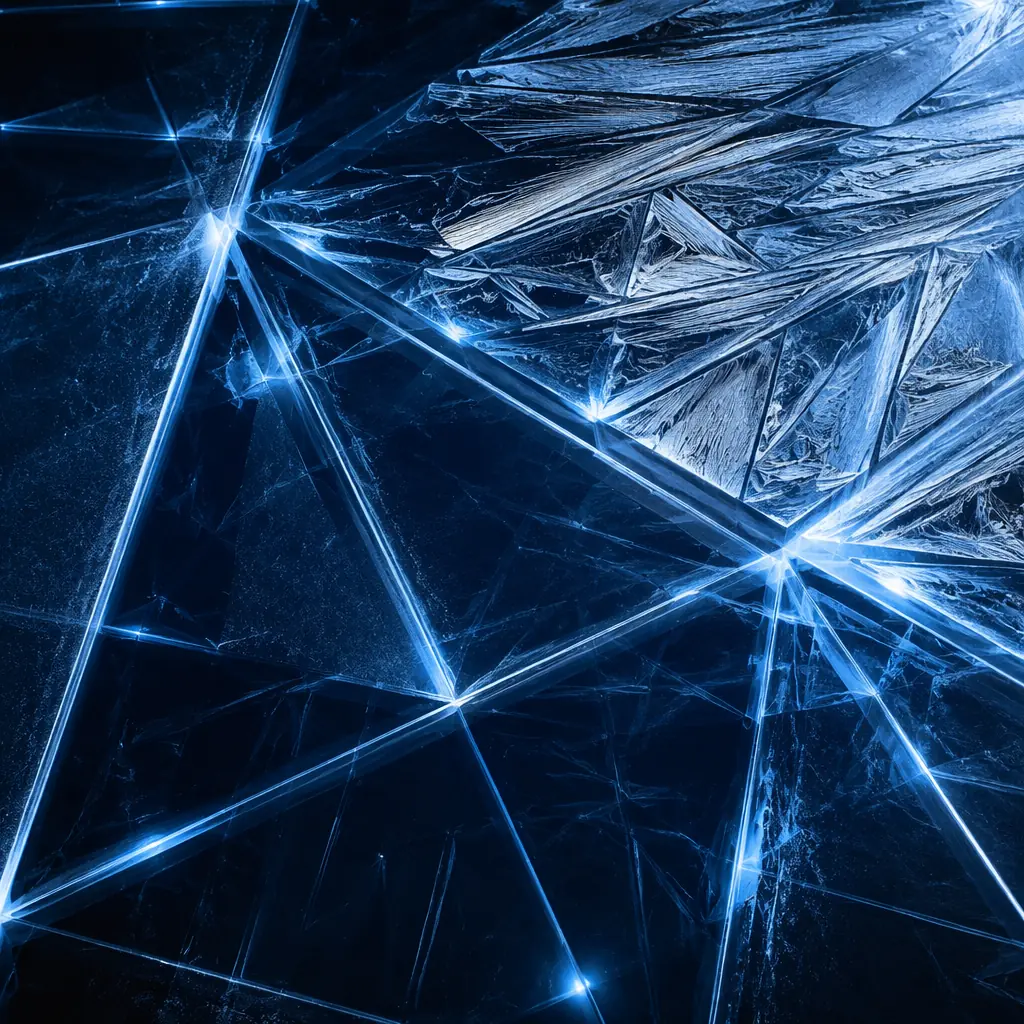 Abstract visualization of crystalline ice formations intersecting with luminous geometric pathways across a dark frozen surface, evoking the intersection of technology with sub-zero industrial environments — cool blues and silver highlights