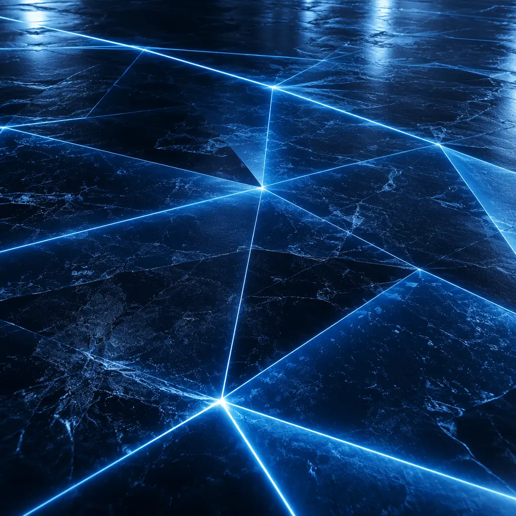 Cool blue geometric light patterns intersecting across a dark crystalline surface, representing the precision of autonomous navigation systems operating across ice-covered industrial floors