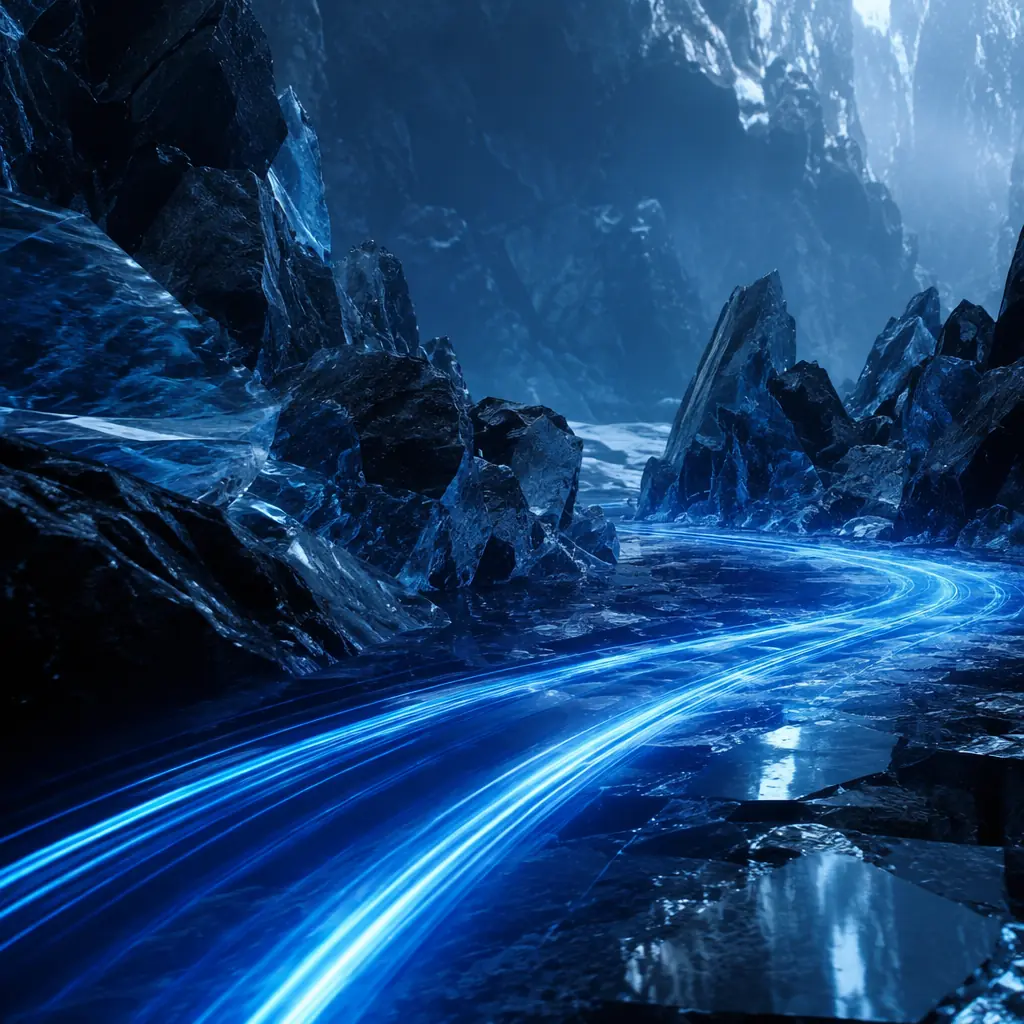 Luminous blue light trails sweeping across a dark crystalline landscape, representing the continuous movement and monitoring of autonomous systems through frozen industrial environments