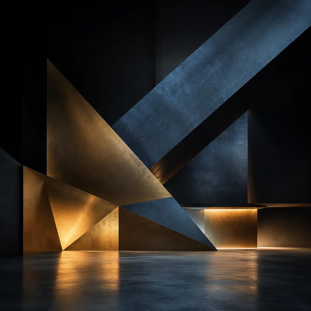 Abstract composition of intersecting steel-blue and gold geometric forms emerging from darkness, evoking the scale and structure of a construction site transformed by organized light