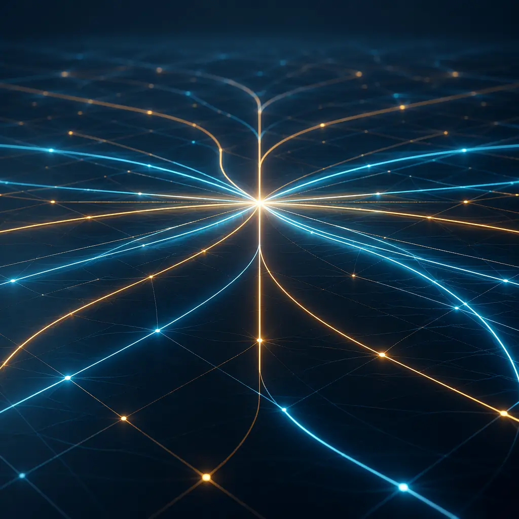 Luminous geometric pathways spreading outward across a dark surface, representing the distribution of automated tasks across different zones of a construction site