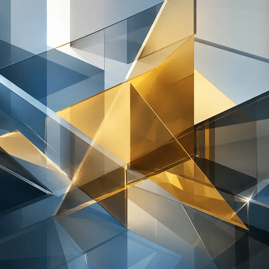 Overlapping translucent geometric planes in gold and steel blue, forming a structured yet dynamic composition suggesting phased operational deployment