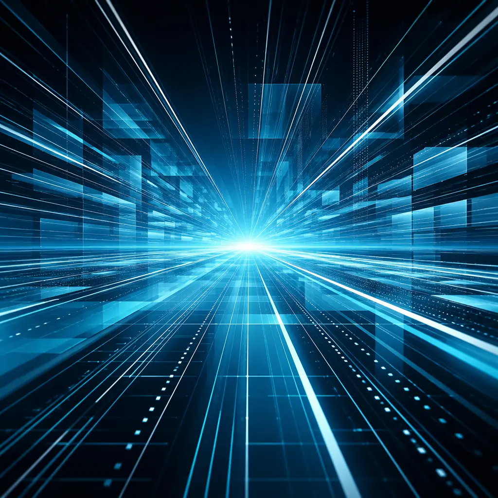 Abstract composition of cyan and white light streaks converging toward a central vanishing point on a dark surface, suggesting parcel flow through a high-speed logistics hub