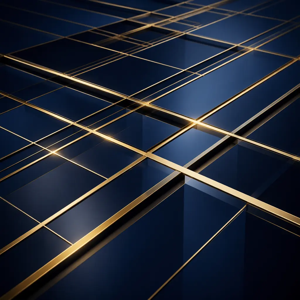 Abstract composition of golden geometric grid lines intersecting on a dark blue reflective surface, evoking the organized flow of packages through a sorting facility at night