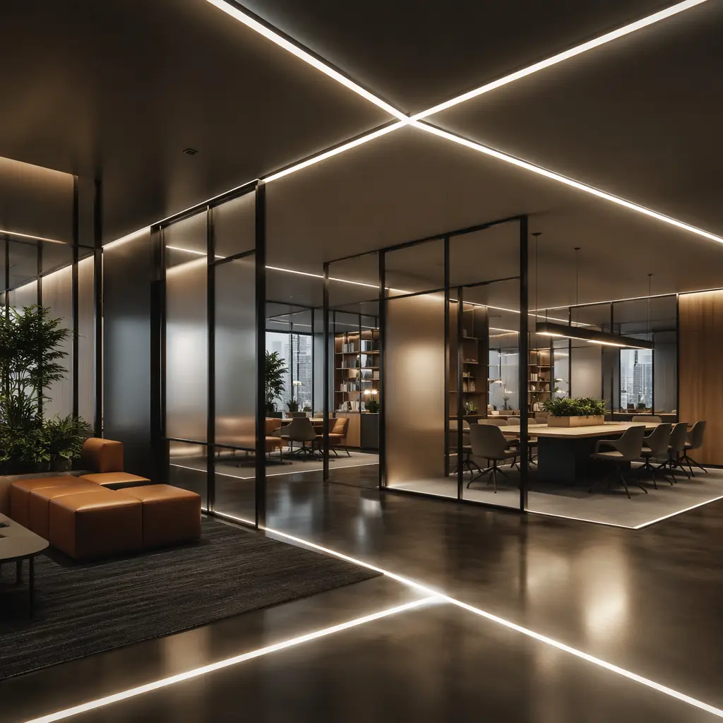 Abstract visualization of geometric light panels intersecting across a polished dark surface, evoking the modular, reconfigurable nature of modern coworking environments — clean architectural lines with warm ambient highlights