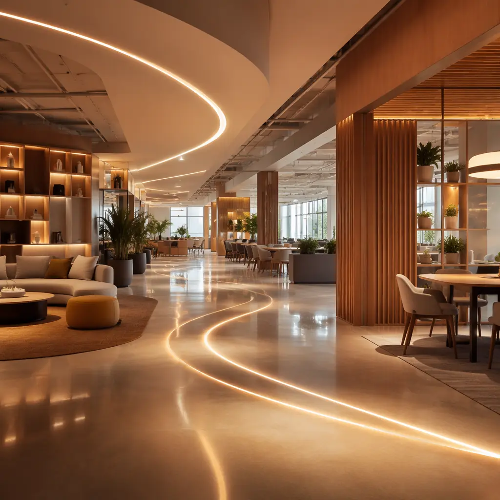 Warm light trails intersecting with clean geometric forms across a polished surface, evoking the dynamic flow of people and deliveries through a modern coworking space — professional yet welcoming atmosphere