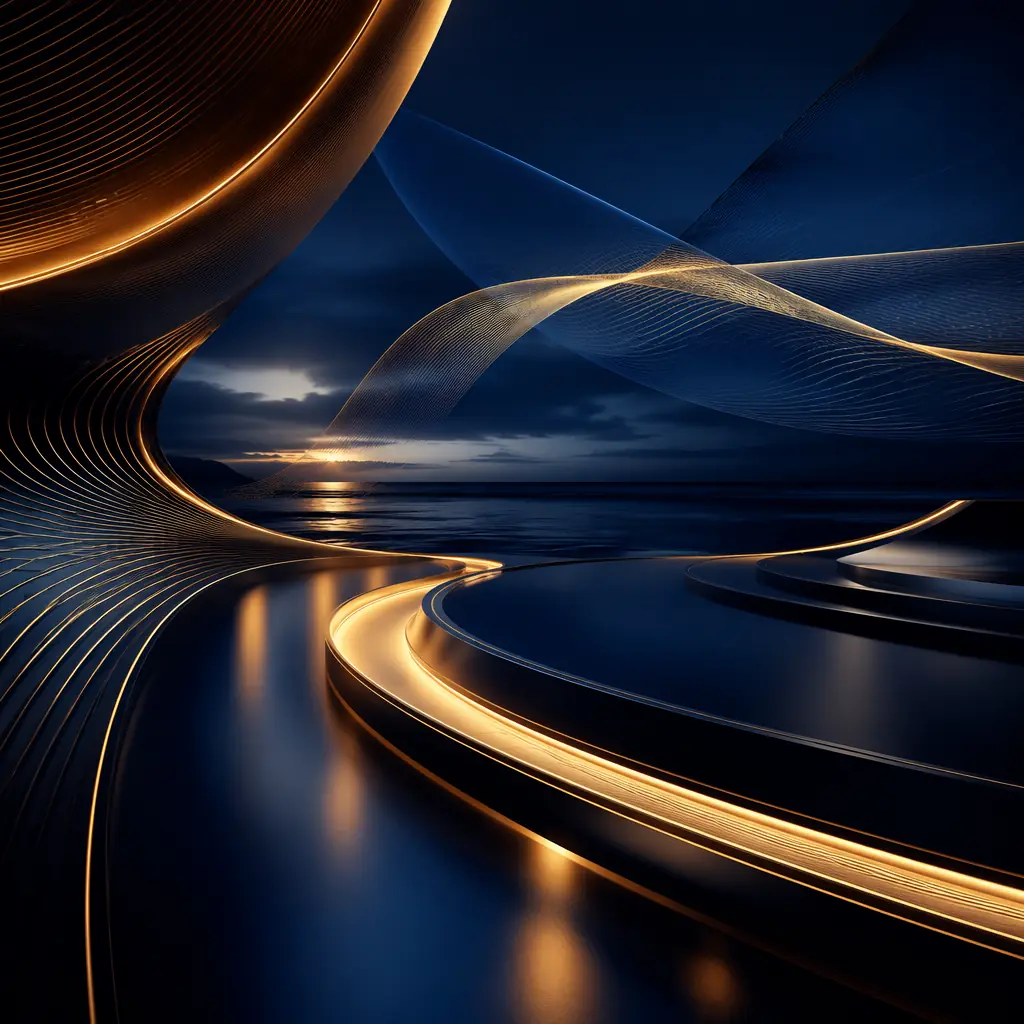 Abstract composition of deep navy blue and gold light trails flowing across polished surfaces, evoking the movement of a cruise ship cutting through night waters