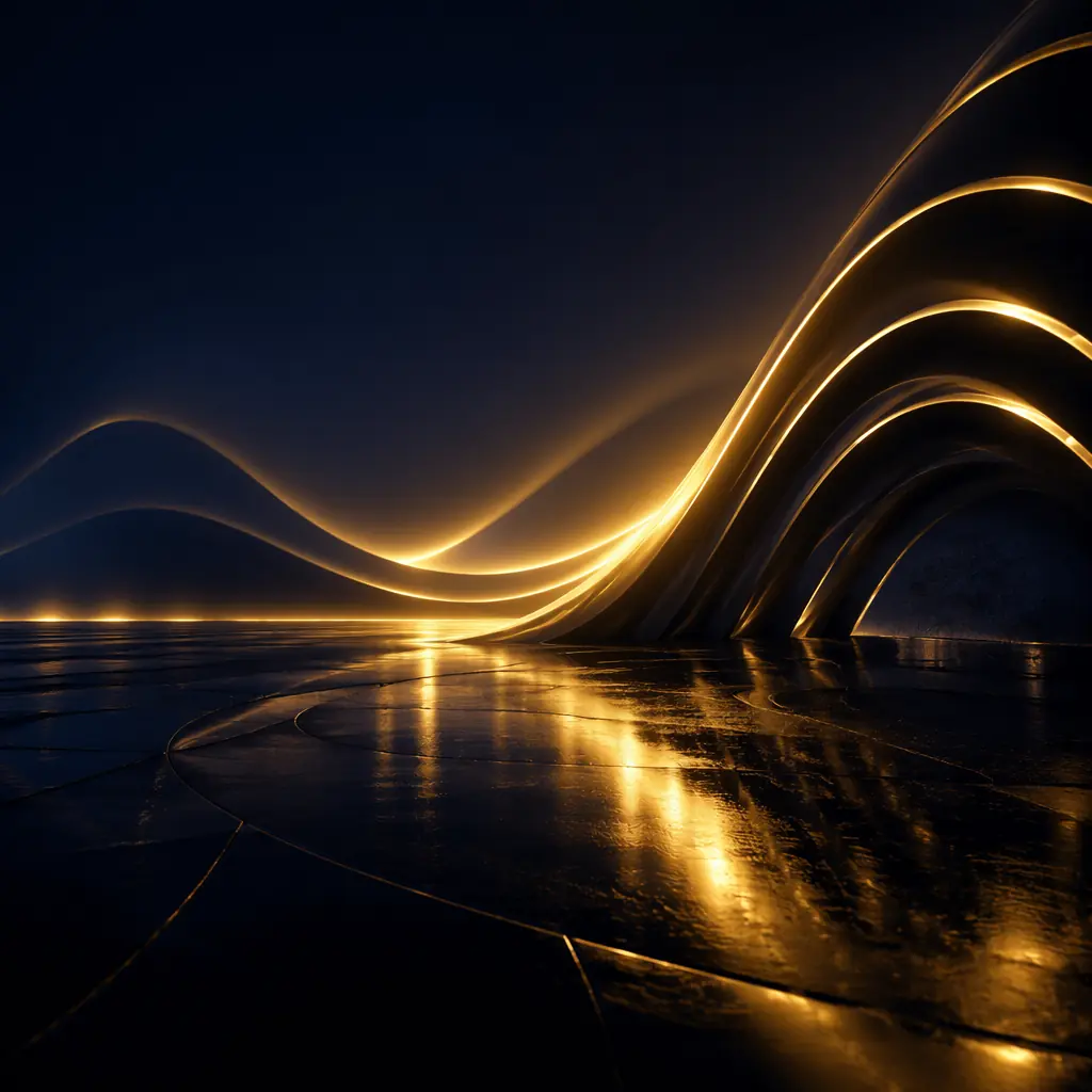 Abstract composition of golden light reflecting off a wet, dark surface in sweeping arcs, suggesting the path of an autonomous cleaning machine across a cruise ship deck at night