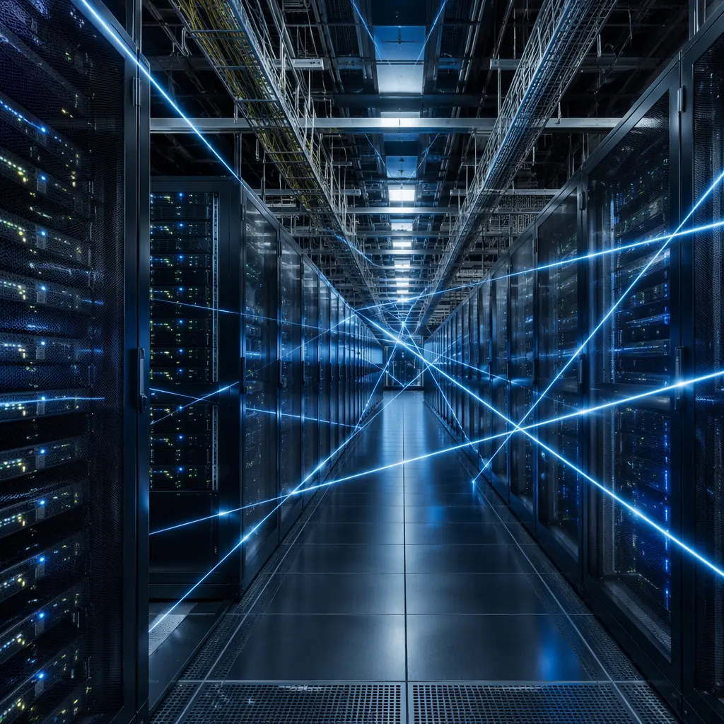 Abstract visualization of precise laser-like light beams crossing through a dark geometric space with cool blue and silver tones, evoking the structured environment of a data center with server racks and cable management pathways
