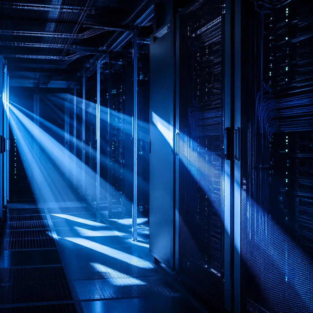 Angular beams of cool blue light cutting through a dark technical environment with metallic reflections and precise geometric intersections, suggesting the server rack corridors and structured cabling of a modern data center