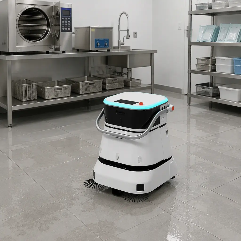 AOMAN C2 Pro scrubber cleaning the floor of a dental sterilization and decontamination room