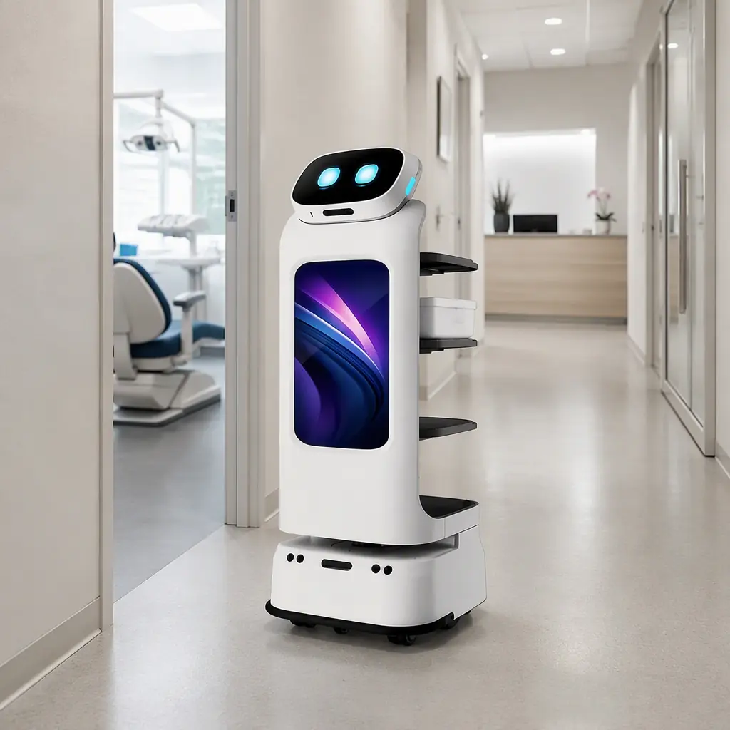 AOMAN D1 delivery robot carrying a sealed instrument cassette along a dental clinic corridor