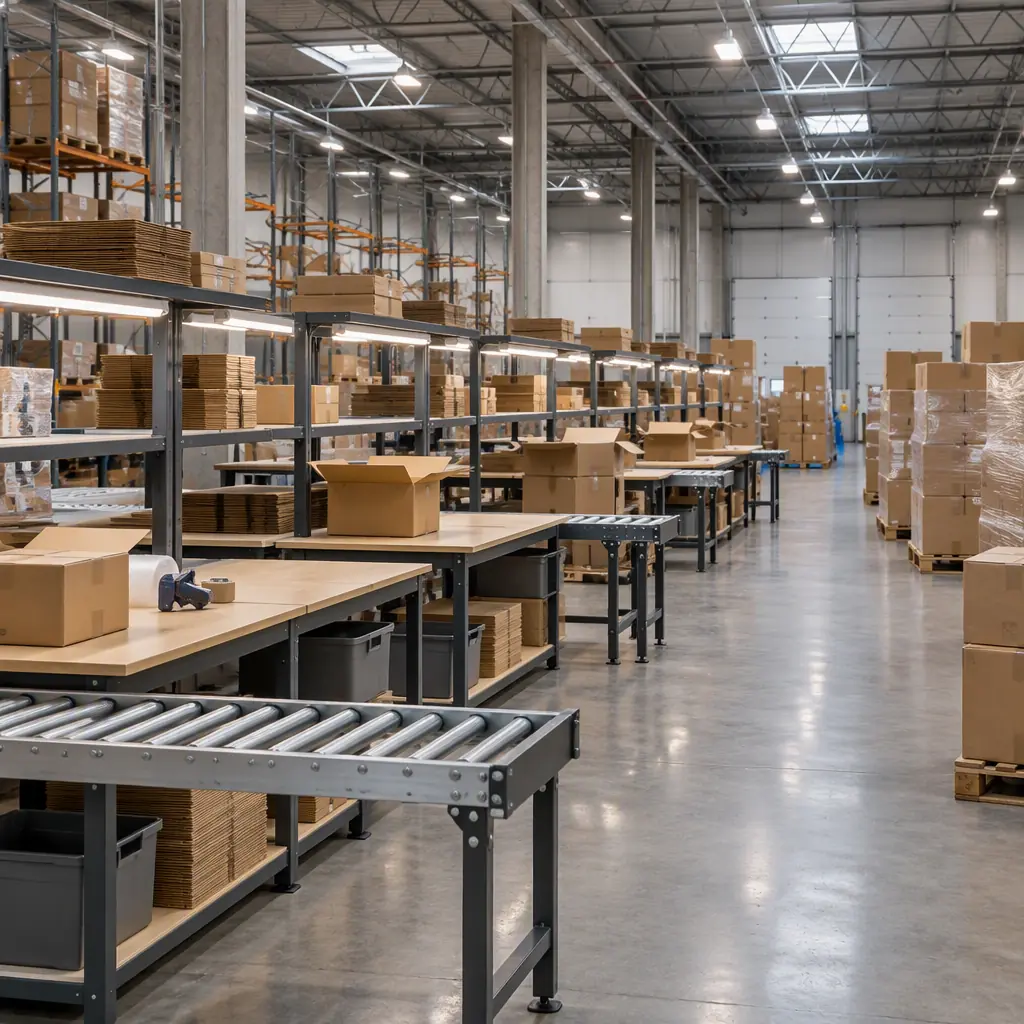 Photorealistic parcel hub packing hall with long packing benches, conveyor legs and cardboard cartons on pallets under industrial high-bay lighting, no people and no robots and no text
