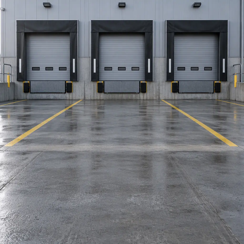 Photorealistic loading dock apron exterior with three closed roller shutter doors, dock levellers and painted HGV bay markings in cold morning light, no people and no vehicles and no text