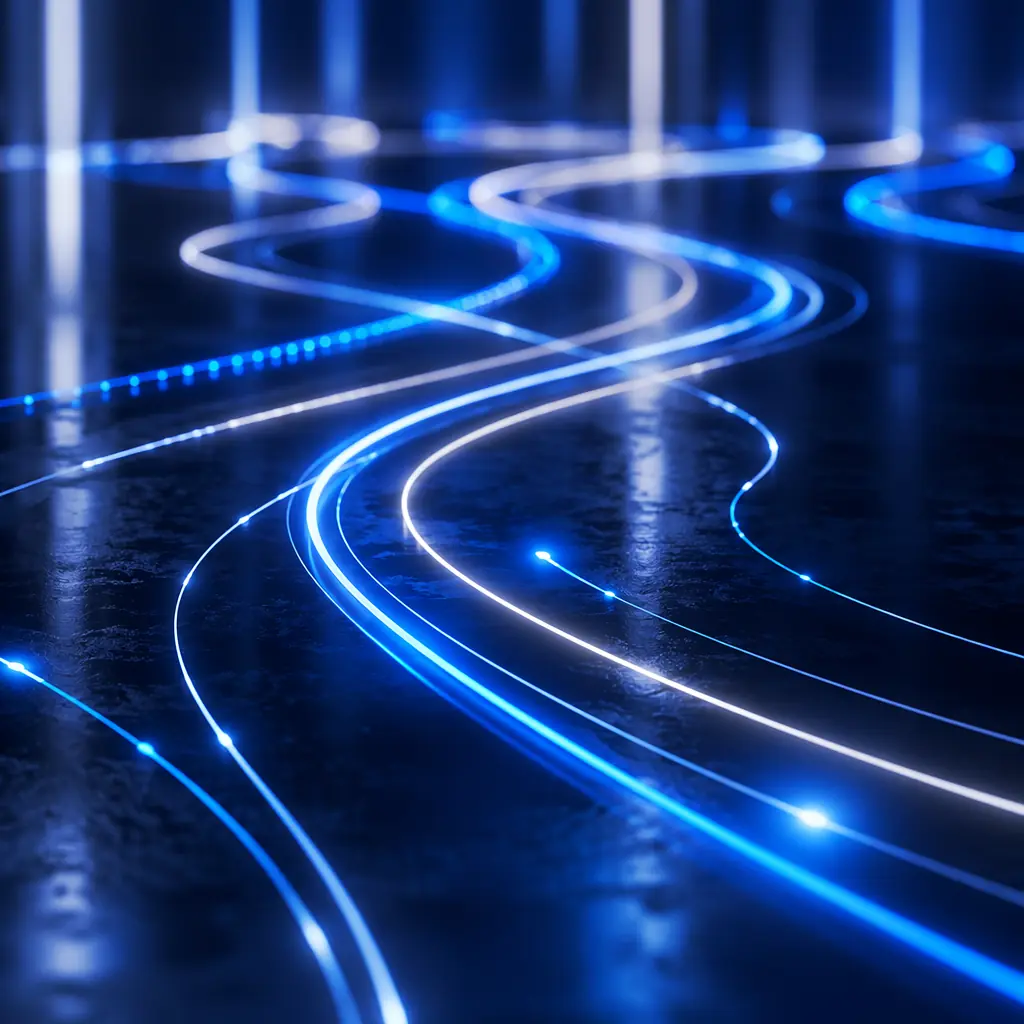 Anime-style abstract light trails representing campus navigation paths