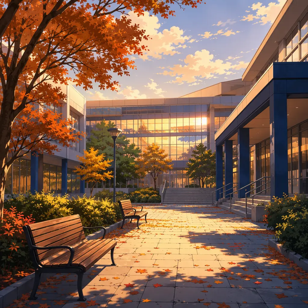 Anime-style warm campus environment with soft lighting and educational architecture elements