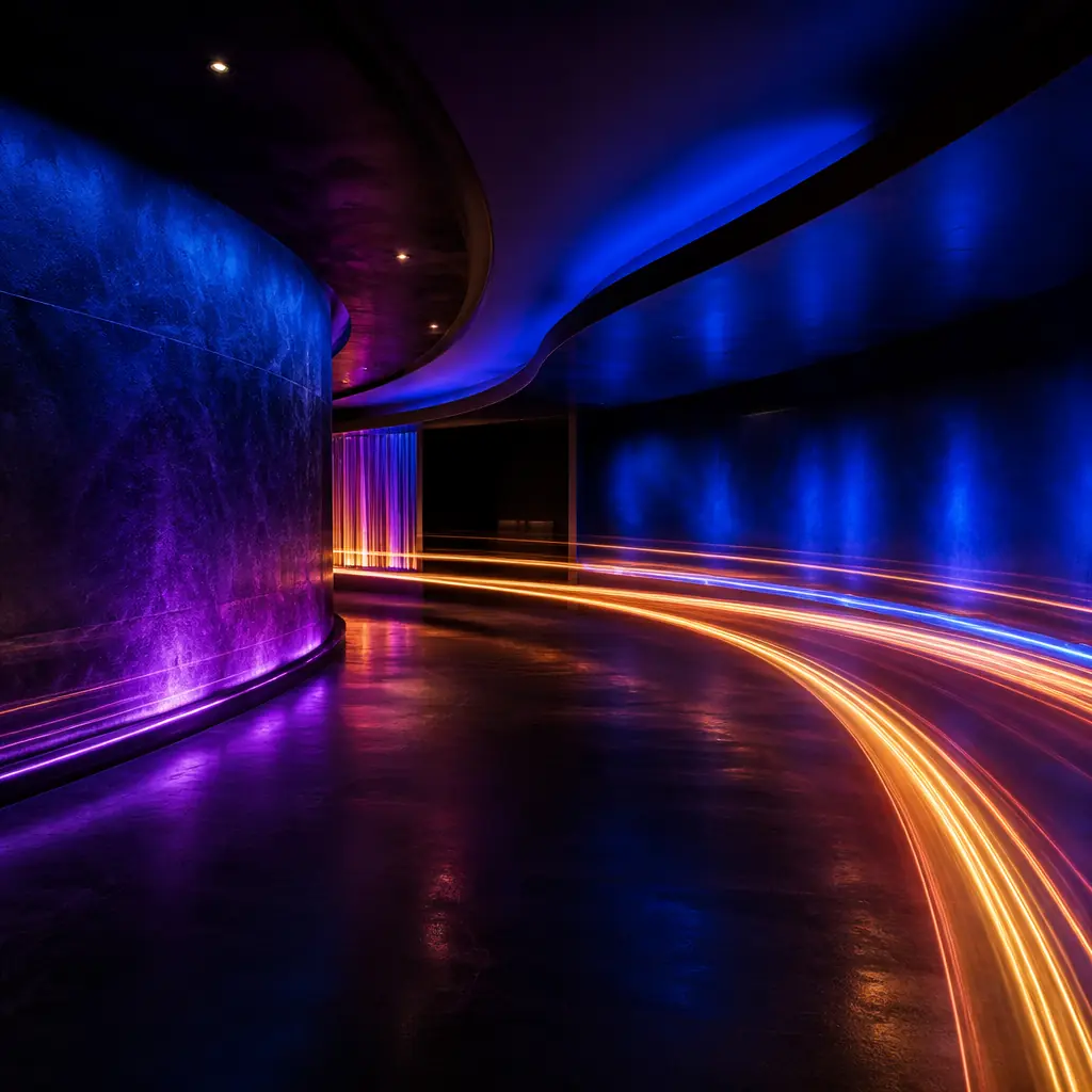 Abstract light trails sweeping through a dark themed entertainment space with purple and blue ambient illumination