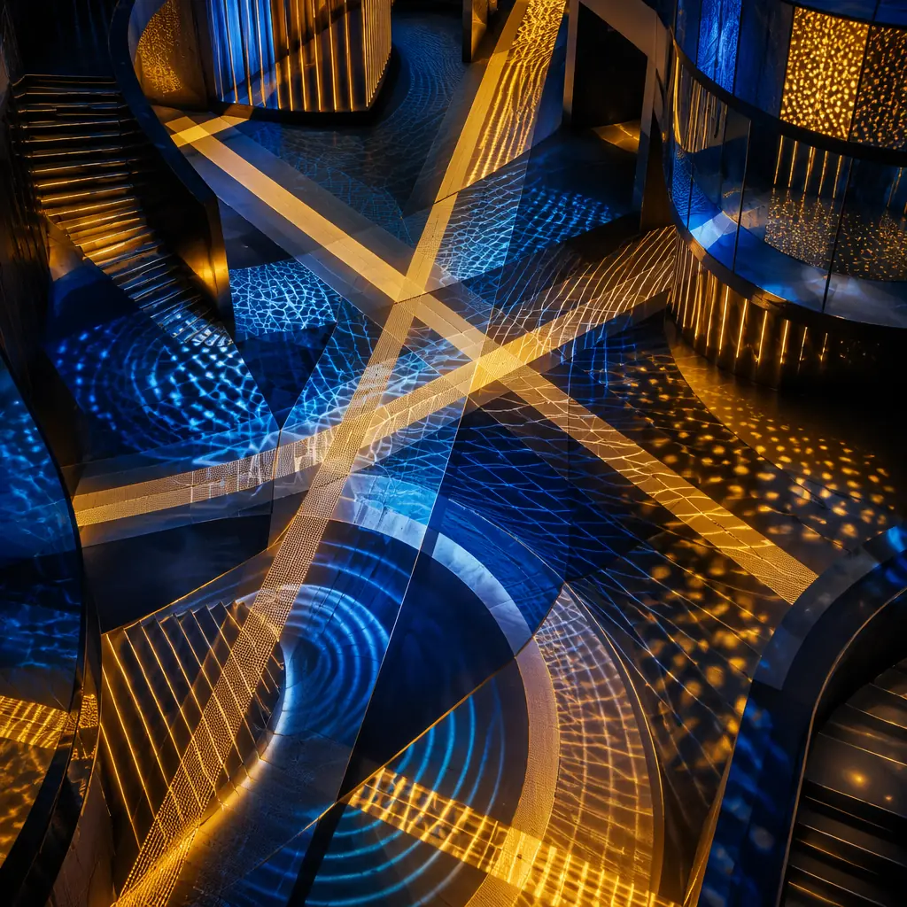 Abstract visualization of intersecting geometric patterns suggesting coordinated crowd movement through an architectural entertainment space