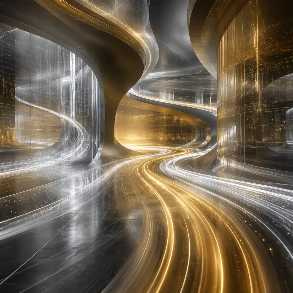 Abstract flowing patterns of silver and gold light suggesting coordinated back-of-house logistics movement through architectural passages