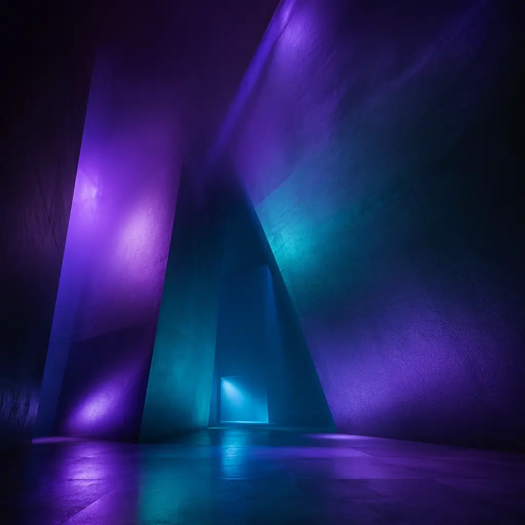 Abstract atmospheric colored lighting washes across a dark architectural space suggesting theatrical entertainment environment transformation