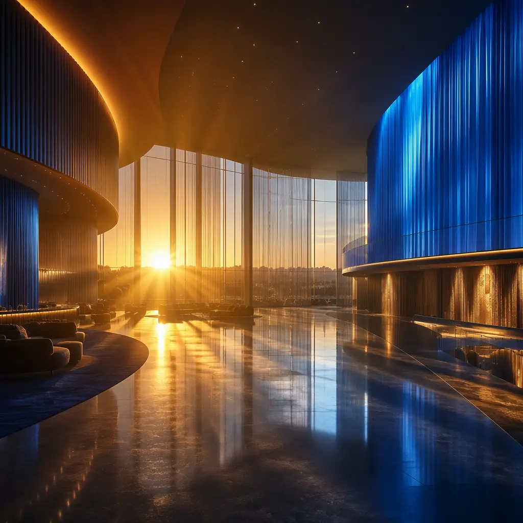 Abstract dawn light breaking across a vast entertainment space suggesting new operational possibilities and transformation
