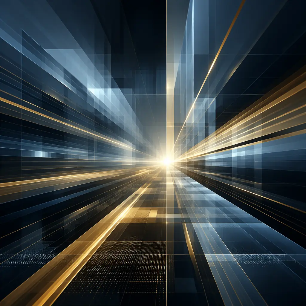 Layered geometric light structures converging toward a central brightness on a dark surface, suggesting the organized flow of information, people, and materials through a large-scale event venue