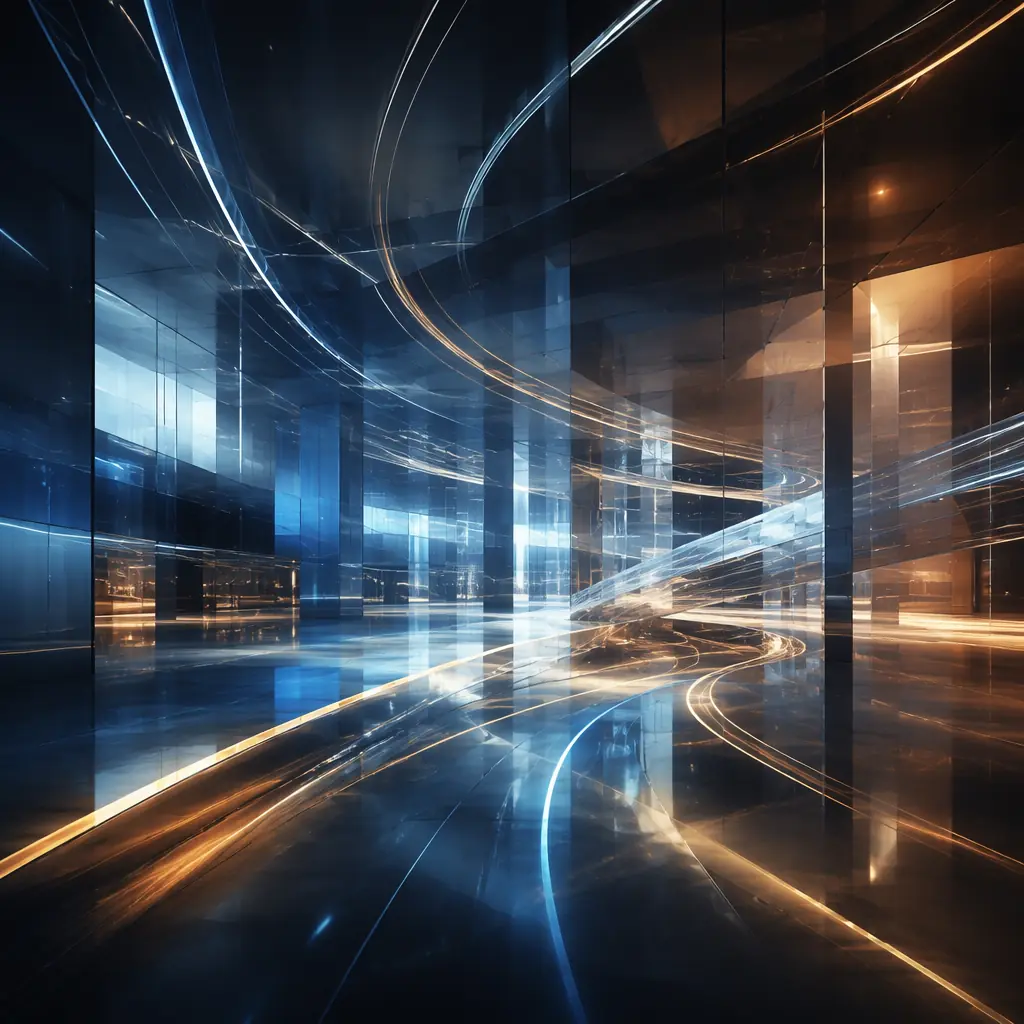 Abstract composition of intersecting light beams and prismatic reflections across a polished dark surface, evoking the energy and scale of a convention center transformed by luminous technology