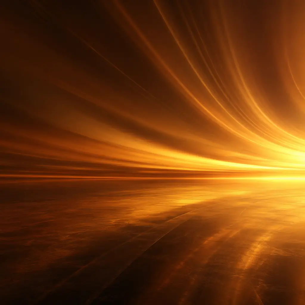 Warm radiating light beams sweeping across a dark reflective surface, suggesting the continuous flow of foot traffic through an illuminated exhibition space after hours