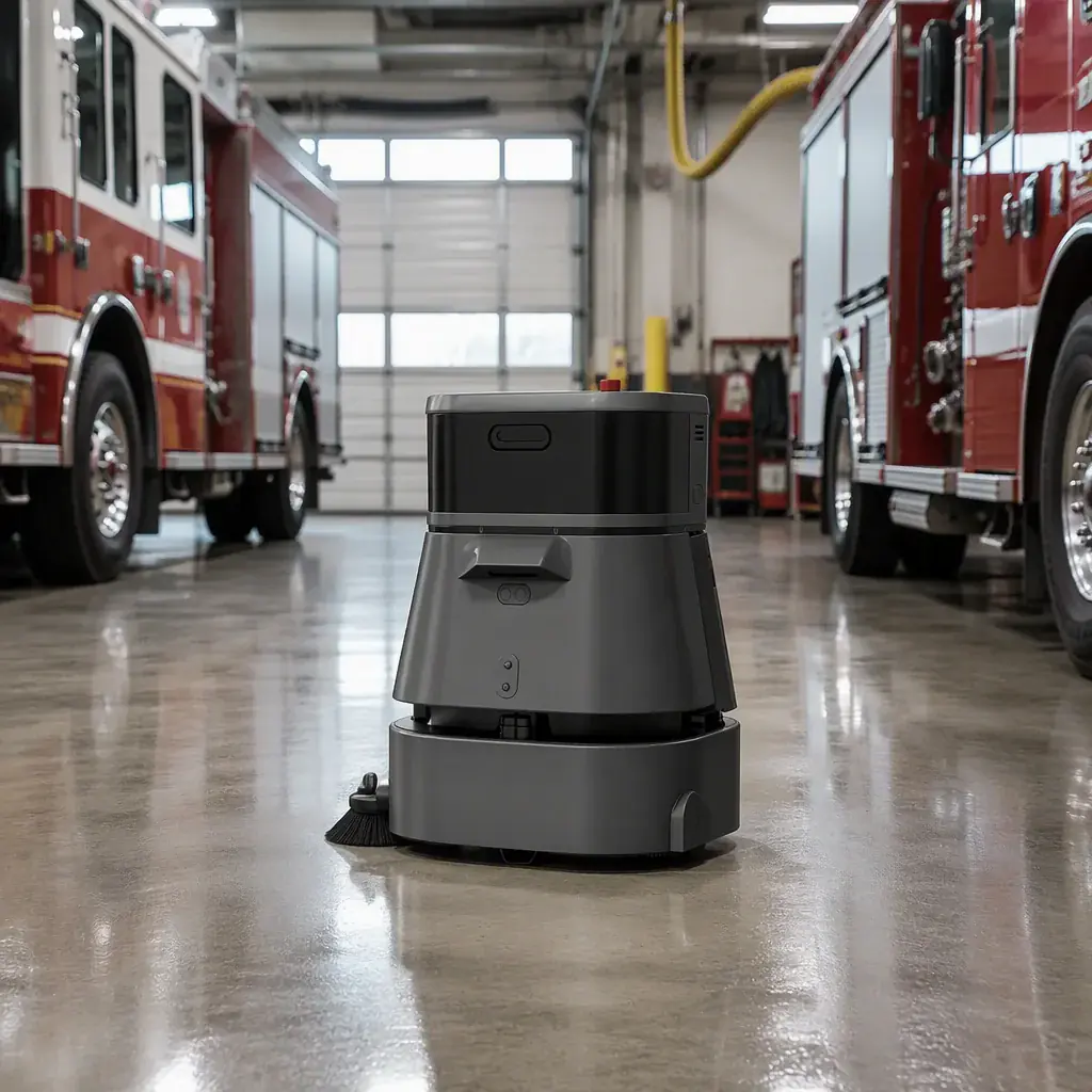 CLEINBOT CC201 autonomous sweeping robot cleaning the polished concrete floor of a fire station apparatus bay, red fire engines parked on either side, high-bay industrial lighting