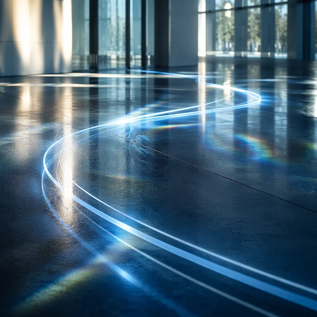 Abstract visualization of sweeping light trails across a polished dark floor, suggesting autonomous cleaning paths through an expansive fitness facility with geometric reflections