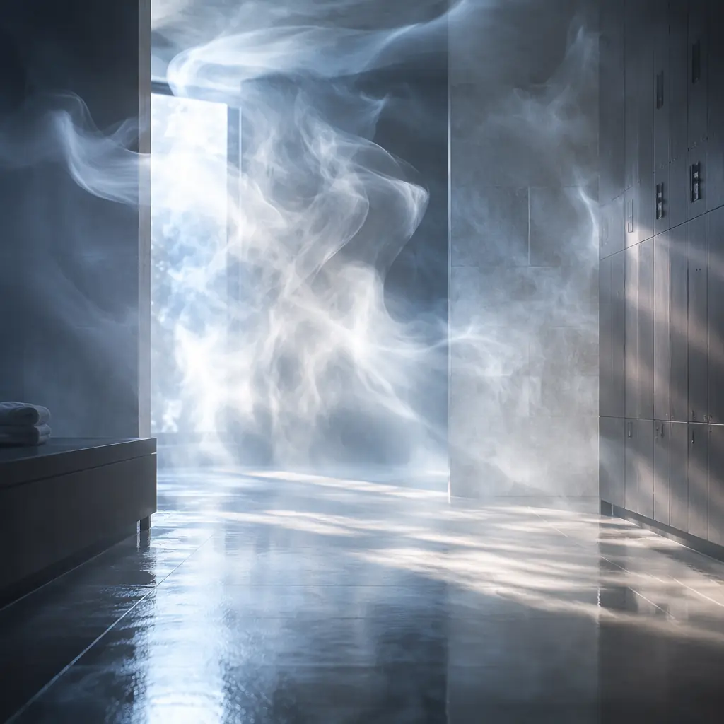 Swirling light patterns resembling steam and water vapor interacting with geometric floor reflections, suggesting autonomous cleaning in a humid locker room environment