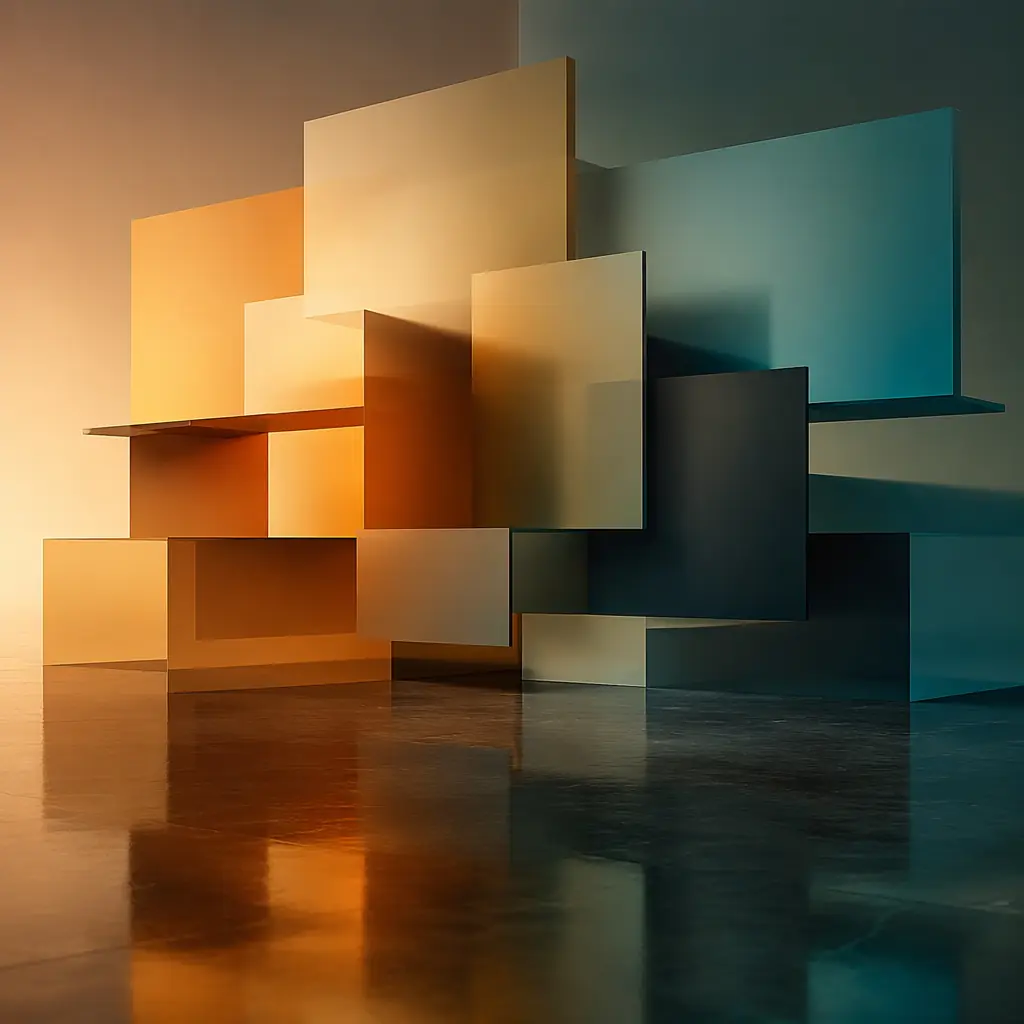 Interlocking geometric shapes with soft gradient transitions, evoking the structured yet fluid environment of a modern group fitness studio with reflective surfaces