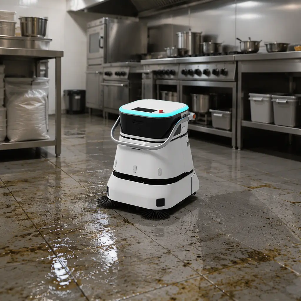AOMAN C2 Pro compact scrubber cleaning the greasy floor of a cloud kitchen prep area