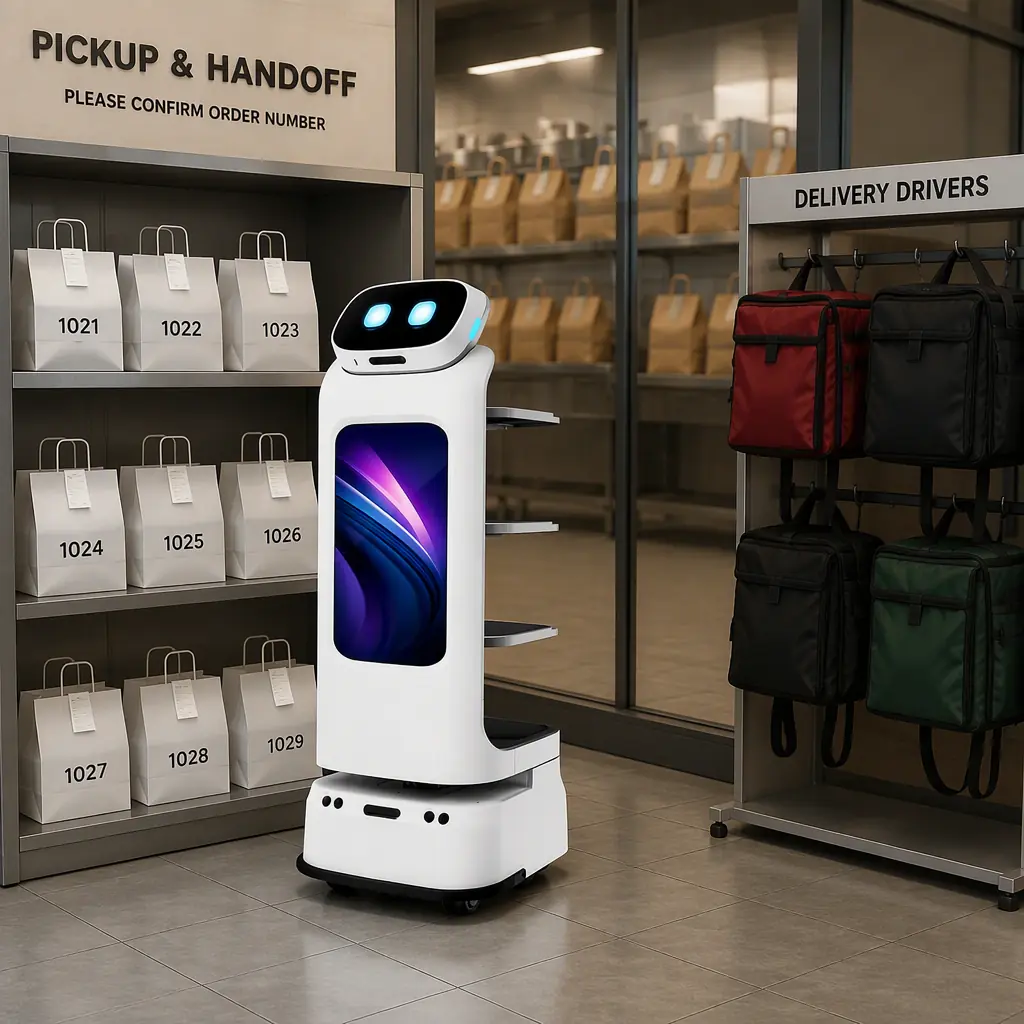 AOMAN D1 delivery robot at the pickup handoff station of a cloud kitchen