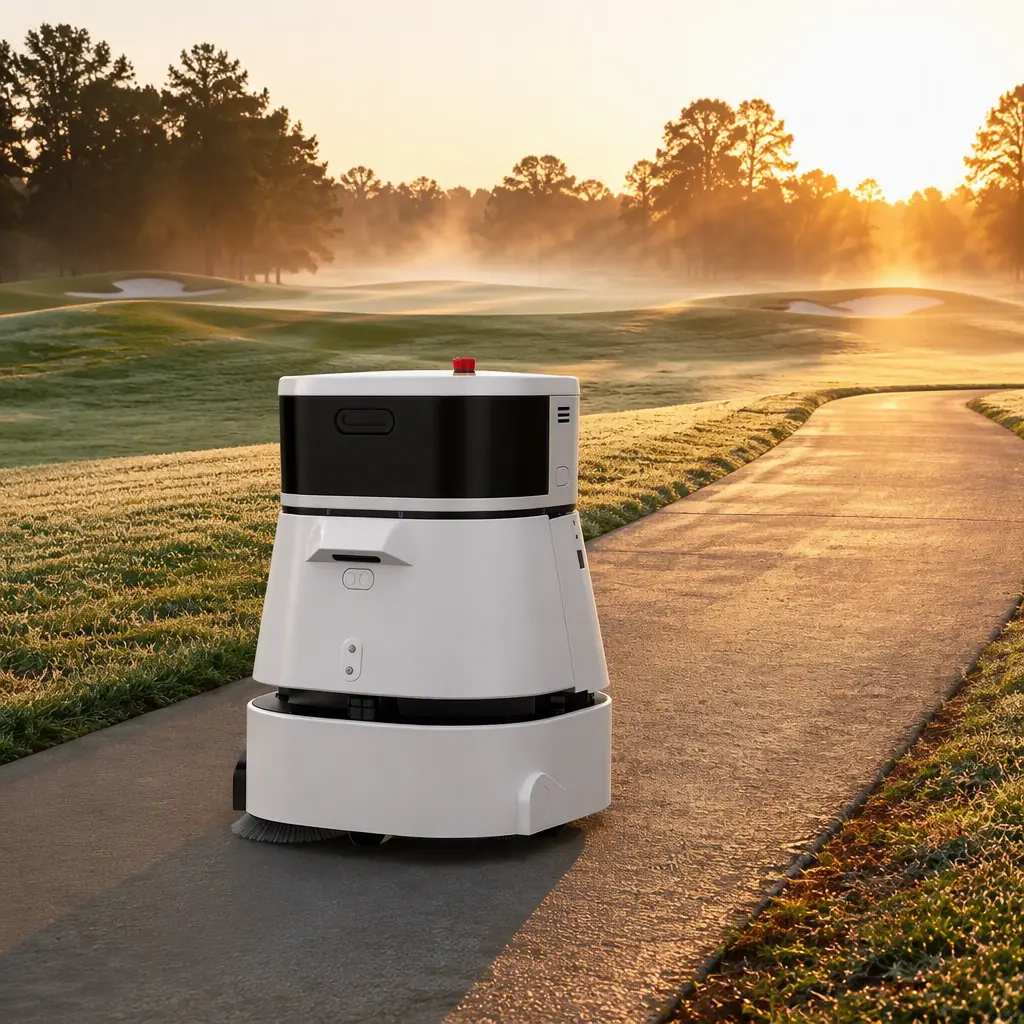 A rugged white outdoor sweeping robot working along a paved golf cart path at sunrise, morning mist over manicured fairways in the background