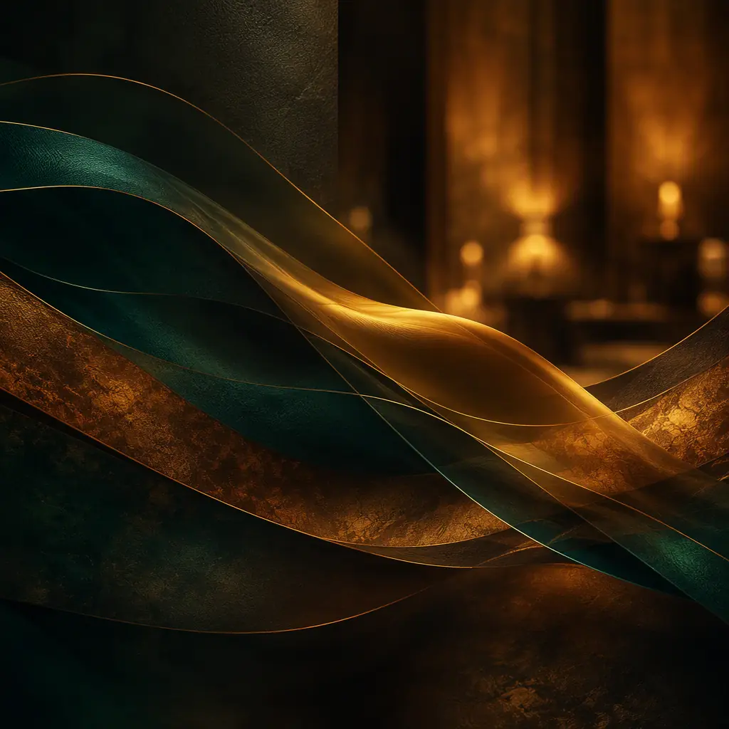 Golden and emerald light ribbons flowing across a dark textured surface with warm highlights, evoking the atmosphere of a clubhouse dining room at dusk