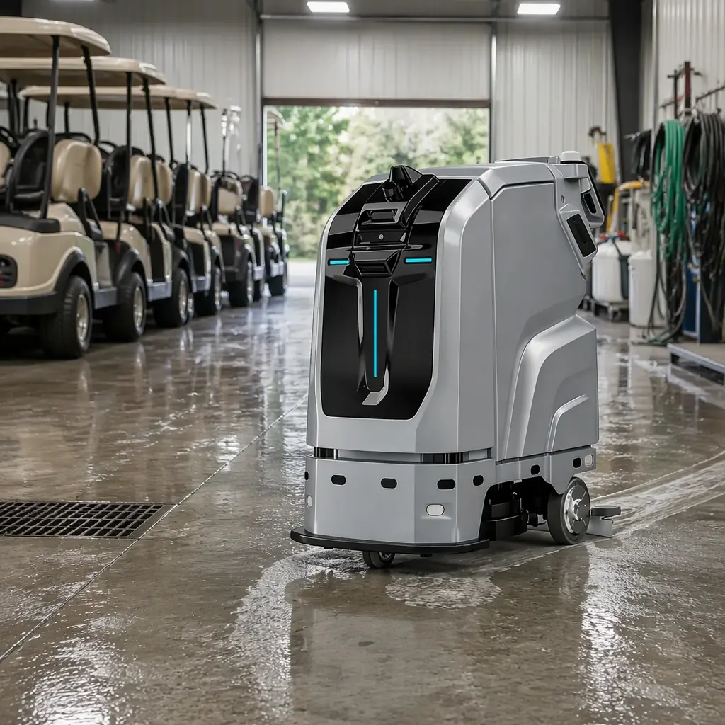 AOMAN C1 scrubber cleaning the concrete floor of a golf cart barn and equipment building