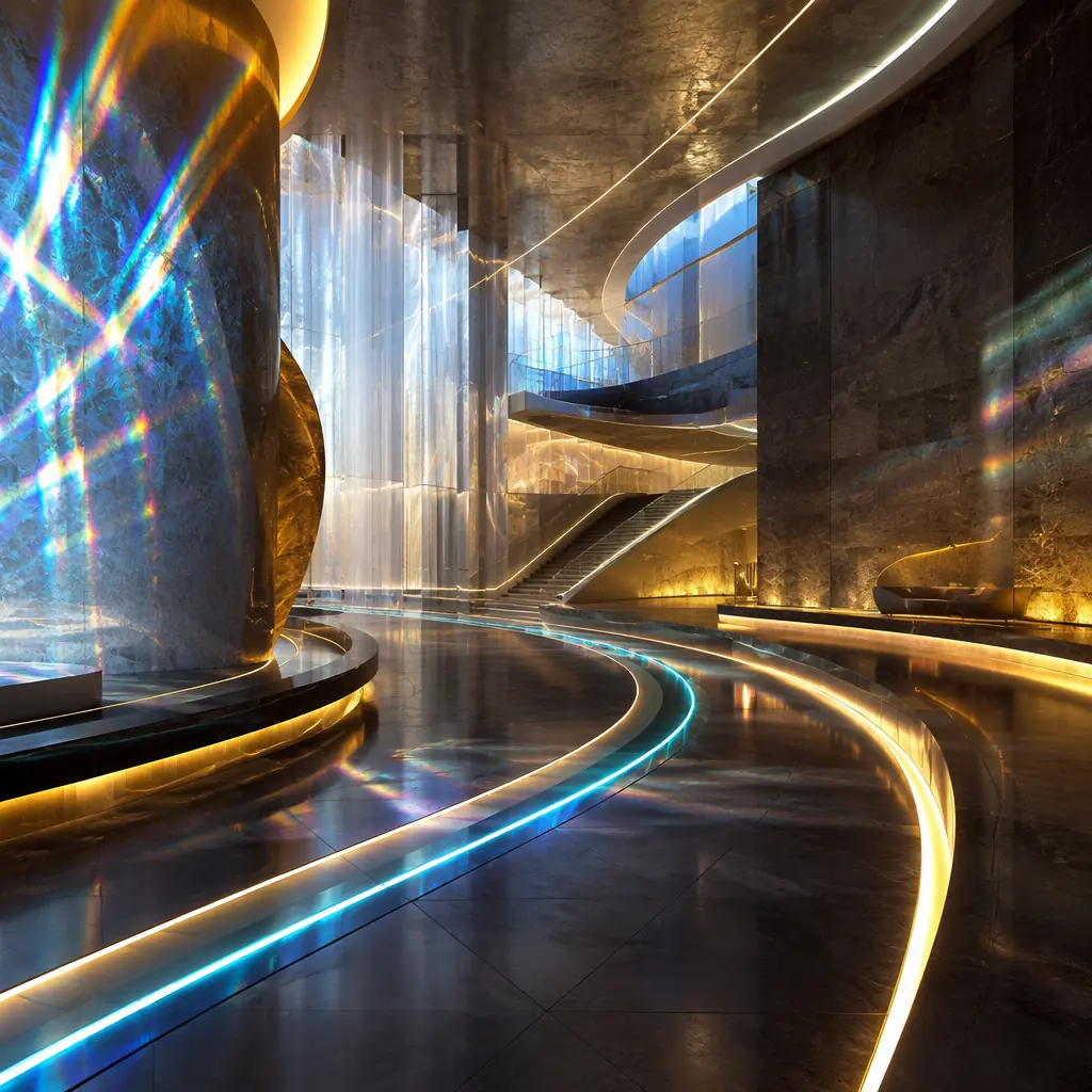 Abstract visualization of illuminated civic architecture — light trails flowing through a grand government atrium with polished stone floors, geometric patterns, and warm ambient light