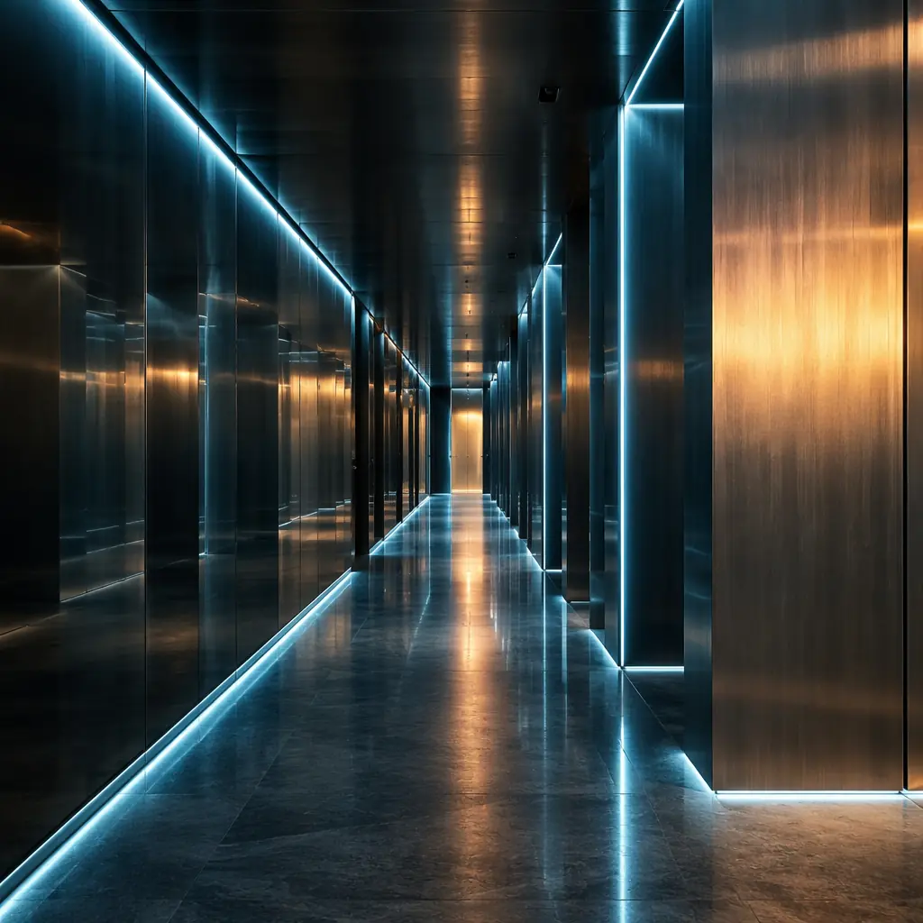 Abstract visualization of illuminated geometric corridors with flowing light ribbons representing secure document logistics in a modern government building