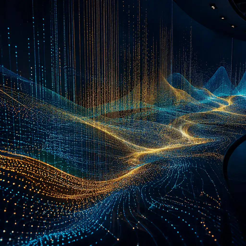 Abstract visualization of data flow through an illuminated civic architecture — geometric light patterns representing operational metrics and efficiency gains in government facilities