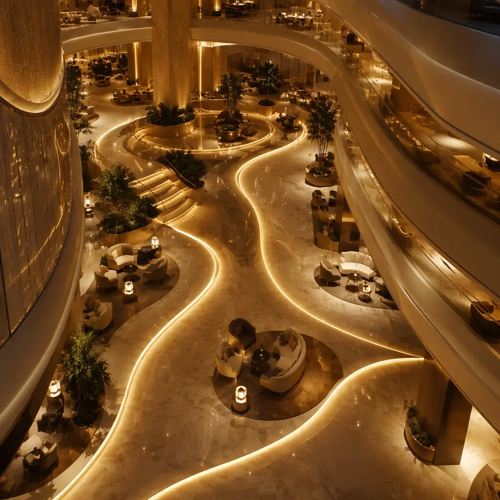 Abstract visualization of illuminated pathways flowing through an elegant hotel atrium with warm ambient light and reflective marble surfaces