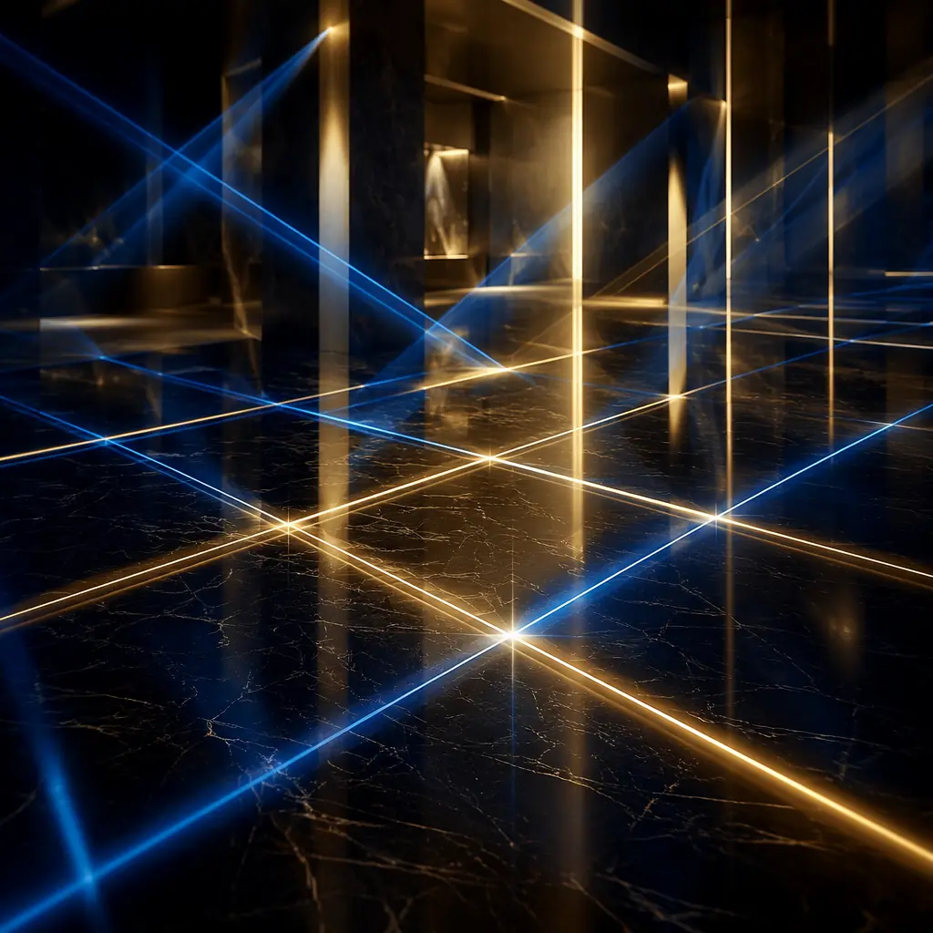 Luminous geometric light patterns intersecting across a dark reflective lobby floor, suggesting coordinated movement and hospitality automation