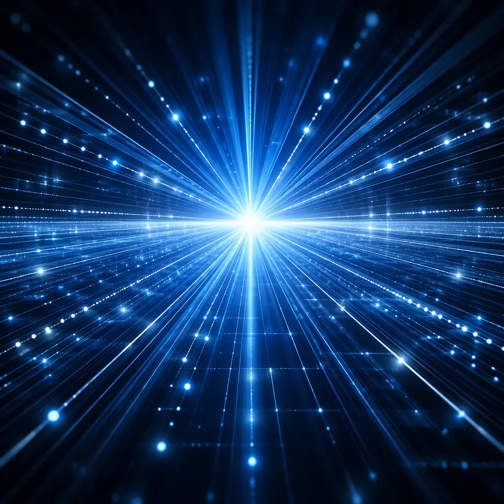 Radial light beams emanating from a central point across a dark polished surface, representing data integration flowing through a hotel ecosystem