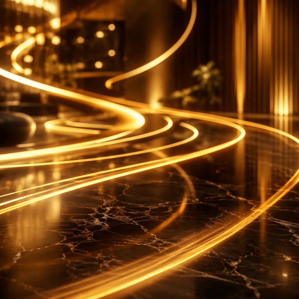 Sweeping arcs of golden light crossing a dark polished surface, suggesting orchestrated movement through a luxury hotel environment