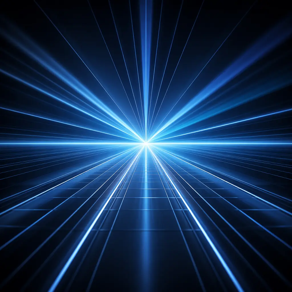 Converging lines of blue light flowing toward a central focal point on a dark reflective surface, evoking technological precision and integrated systems