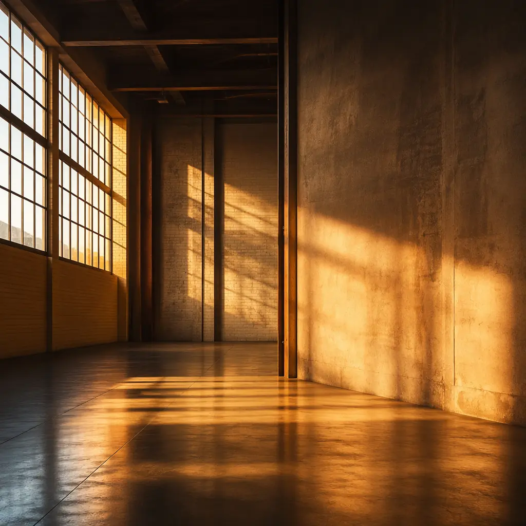 Warm amber light streaming across a textured industrial surface with deep shadows and soft gradient transitions, evoking the visual atmosphere of a large-scale industrial facility with sunlight through high windows — abstract composition suggesting clean, organized industrial space