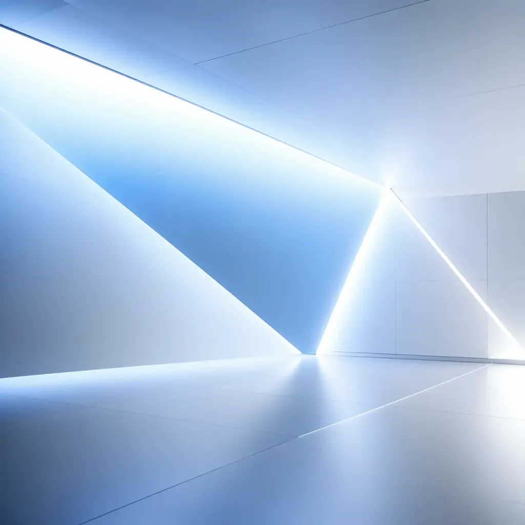 Cool blue-white light gradients with sharp geometric edges intersecting across a smooth industrial surface, evoking the clean, clinical atmosphere of a sanitized pack-out area in a modern industrial facility — abstract minimalist composition
