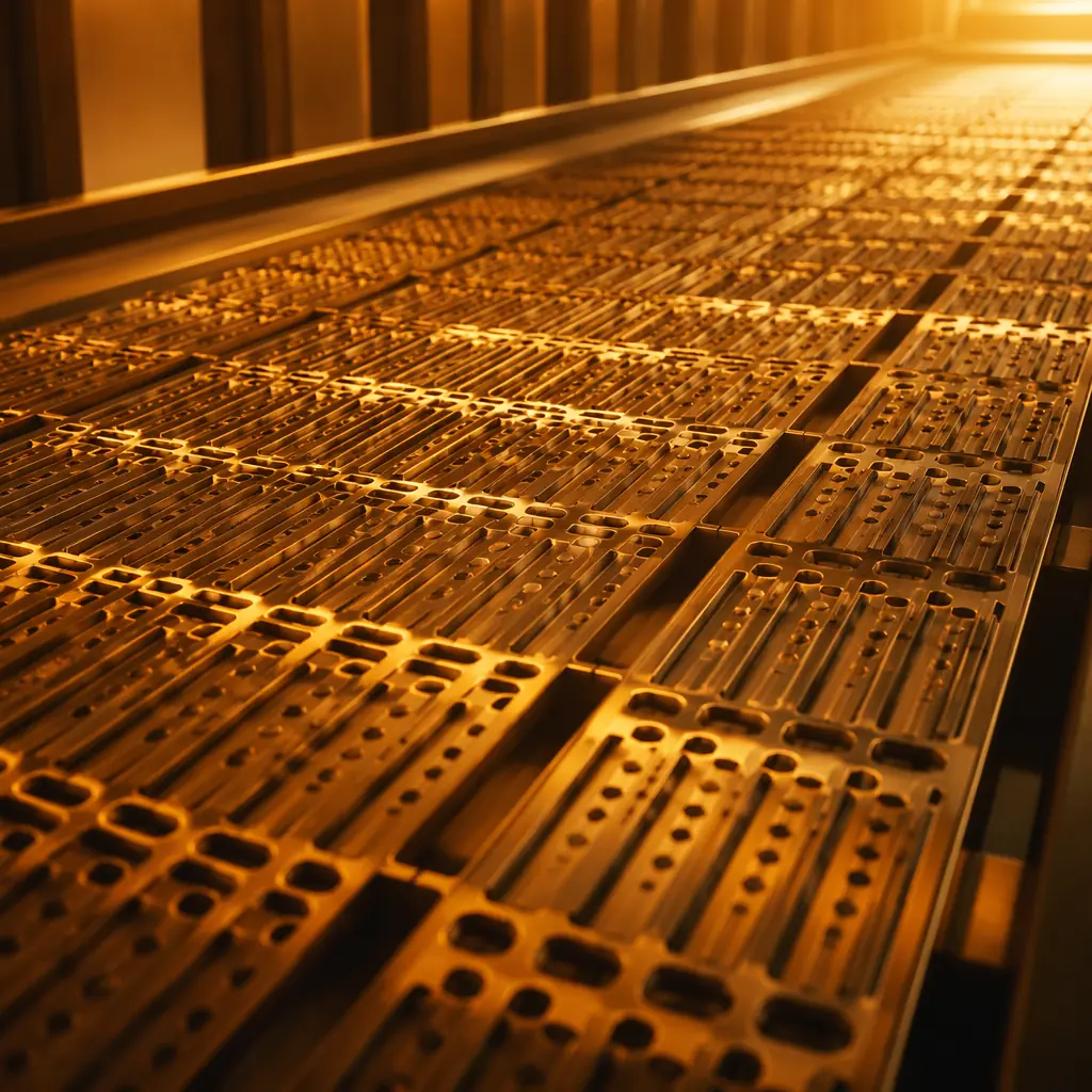 Warm amber light flowing across a textured surface with mechanical precision patterns, evoking the organized rhythm of an automated production line with soft industrial lighting — abstract composition suggesting continuous-flow manufacturing