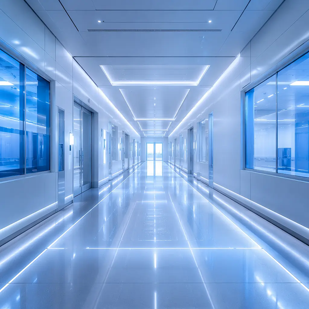 Pristine cleanroom corridor with soft blue ambient lighting, reflective polished epoxy flooring, and geometric light patterns suggesting sterile precision